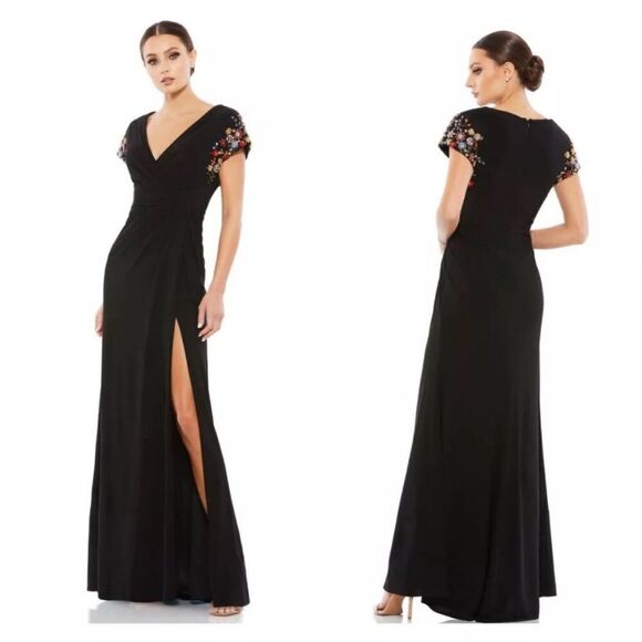 Ieena for Mac Duggal 55709 Embellished Sleeve Jersey Wrap Gown 4 NWT $498 - Picture 2 of 5
